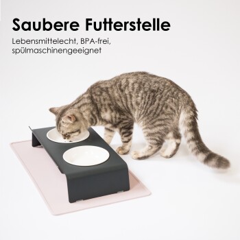 Eine Katze frisst aus einem modernen Zweischalenfütterer auf einer rosa Matte. Text: "Saubere Futterstation - Echtes Futter, BPA-frei, spülmaschinenfest."