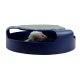 Un jouet interactif pour chat bleu avec une souris grise aux oreilles roses qui dépasse d'un dessus en feutre.