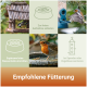 Vogelfütterungs-Collage mit Vögeln, Futterstellen und Wasser; deutsche Überschrift 'Empfohlene Fütterung' sowie Bildunterschriften zu Futter und Wasser.