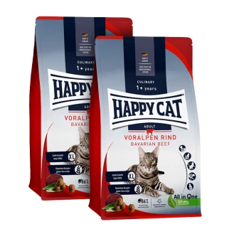 Zwei Beutel Happy Cat Adult Katzenfutter, Geschmack Bayerisches Rind, glutenfrei, große Kroketten, für Katzen ab 1 Jahr.