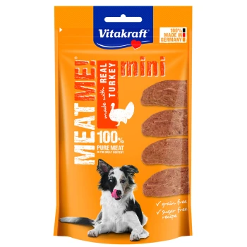 Verpackung für Hundeleckerlis mit "MEAT ME!" und einem Hund, der sich die Lippen leckt, mit Hervorhebung von "echtem Truthahn", "100% reinem Fleisch" und "getreidefrei, zuckerfrei."