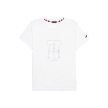 Weißes T-Shirt mit kurzen Ärmeln, das ein gepunktetes 'TH'-Logo-Design auf der Vorderseite und ein kleines Logo auf dem Ärmel zeigt.