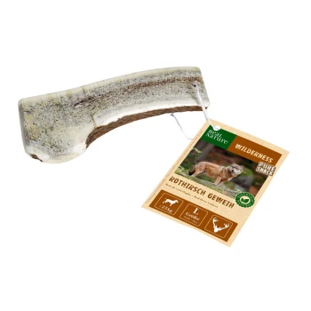 Ein natürlicher Hirschgeweih-Kauartikel für Hunde, gekennzeichnet mit "Wilderness Pure Snack" und einem Bild von einem Fuchs, Gewicht 2,5 kg, Größe L.