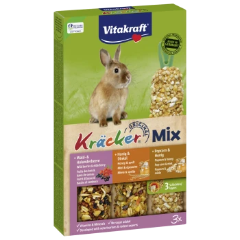 Friandise Vitakraft Kräcker Mix pour petits animaux avec baies sauvages, miel et épeautre, popcorn et miel, pour lapins, 3 couches, 3 pièces.