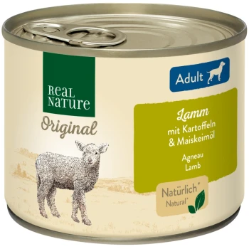 Boîte de nourriture pour chien Real Nature Original, étiquetée 'Adulte,' contenant de l'agneau avec des pommes de terre et de l'huile de maïs, avec un croquis d'un agneau sur le devant.