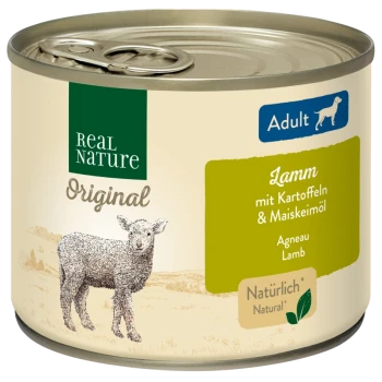 Dose Real Nature Original Hundefutter, beschriftet mit 'Adult', mit Lamm, Kartoffeln und Maisöl, mit einer Skizze eines Lamms auf der Vorderseite.