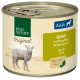 Dose Real Nature Original Hundefutter, beschriftet mit 'Adult', mit Lamm, Kartoffeln und Maisöl, mit einer Skizze eines Lamms auf der Vorderseite.