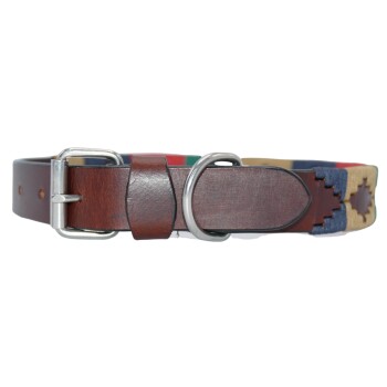 Ein farbenfrohes Haustierhalsband mit einem braunen Lederband mit einer silbernen Schnalle und D-Ring, das ein lebhaft gemustertes Innenleben zeigt.