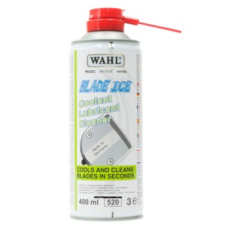 Wahl Blade Ice Coolant spray can, 400 ml, with clipper blade graphic and "Cools and cleans blades in seconds" text.