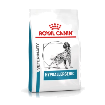 Royal Canin Veterinary Hypoallergen Hundefutterbeutel mit einem schwarz-weißen Bild eines Hundes, mit einem roten Kronenlogo oben.