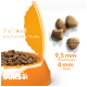 Katzenfutter in einer orangefarbenen Schüssel mit der Aufschrift "Hairball mit frischem Huhn", mit Kibble-Stücken, die einen Durchmesser von 9,5 mm und eine Dicke von 4 mm haben.
