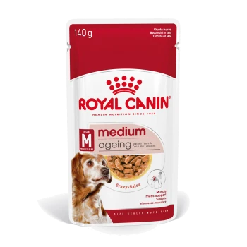 Royal Canin mittelalter Hundefutterbeutel, 140g, mit Stückchen in Soße, gekennzeichnet für Hunde über 7 Jahre, mit Unterstützung der Muskelmasse.