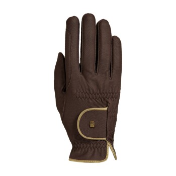 Brauner Haustierpflegehandschuh mit strukturierter Oberfläche und goldenen Akzenten, mit einem Handgelenkband und einem Hand-Icon.