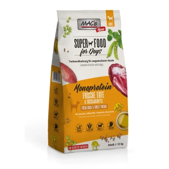 Hundefutterbeutel mit der Aufschrift "MAC's Super Food für Hunde", der frische Ente und Süßkartoffel zeigt, mit Nährwertangaben und Zutaten aufgelistet.