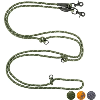 Grüne geflochtene Hundeleine mit zwei Clips und Knoten, mit drei Farbmustern: orange, grau und dunkelgrün.