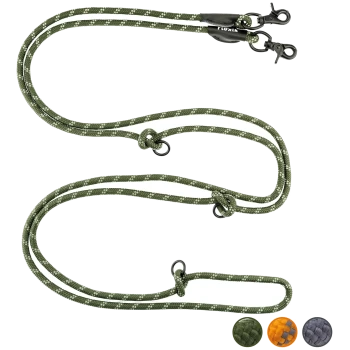 Grüne geflochtene Hundeleine mit zwei Clips und Knoten, mit drei Farbmustern: orange, grau und dunkelgrün.
