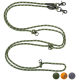 Grüne geflochtene Hundeleine mit zwei Clips und Knoten, mit drei Farbmustern: orange, grau und dunkelgrün.