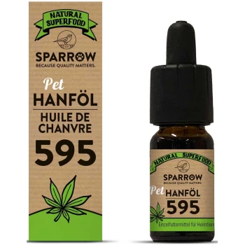 Huile de chanvre pour animaux de compagnie Natural Superfood par Sparrow, présentant une bouteille compte-gouttes avec un emballage vert et marron, étiquetée "595".