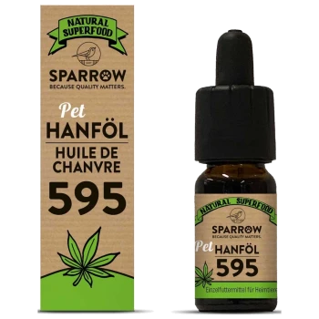 Natürliche Superfood Haustier Hanföl von Sparrow, mit einer Tropfflasche in grüner und brauner Verpackung, beschriftet mit "595".