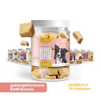 Ein klarer Behälter mit gefriergetrockneten Hundeleckerlis, beschriftet mit "KAUDAS" und einem Border Collie, mit "Training & Belohnung" und "100% Fleisch."