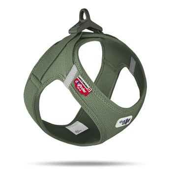 Olive green mesh dog harness with reflective strips and red "dogfinder" label, designed for comfort and safety.