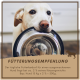 Nahaufnahme von trockenem Hundefutter mit einem schwarz-weißen Hund und deutschem Text, der hochwertiges Protein, getreidefrei, vollständige Mahlzeit und Spitzenqualität hervorhebt.