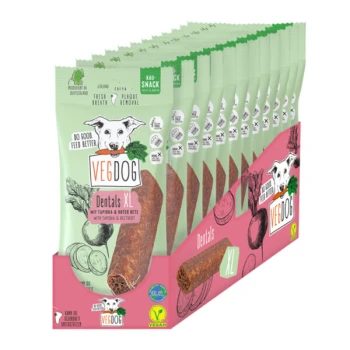 Kausnack Dentals XL 12x100g VEGDOG Dentals XL Hundesnacks, mit einer grünen und pinken Verpackung mit einem Hundelogo, das Zutaten wie Tapioka und Rote Beete hervorhebt.