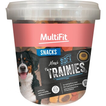 Plastikdose mit MultiFit Snacks Hundeleckerlis, beschriftet 'Maxi Soft Trainies' mit Abbildung eines Berner Sennenhunds.