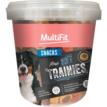Plastikdose mit MultiFit Snacks Hundeleckerlis, beschriftet 'Maxi Soft Trainies' mit Abbildung eines Berner Sennenhunds.