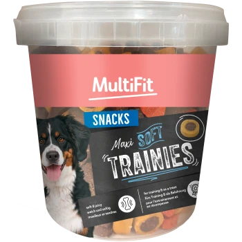 Plastikdose mit MultiFit Snacks Hundeleckerlis, beschriftet 'Maxi Soft Trainies' mit Abbildung eines Berner Sennenhunds.