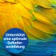 Nahaufnahme von lebhaften gelben und blauen Vogelgefiedern mit einem kreisförmigen Textüberlagerung, die besagt: 'Unterstützt eine optimale Gefieder-ausbildung.'