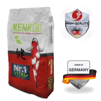 Kenkou Koi-Futterbeutel mit einem roten und weißen Koi-Fischgrafik, beschriftet mit "Nr.1 VITAL schwimmend," mit einem Hochwertigkeitsabzeichen und "Hergestellt in Deutschland"-Siegel.