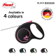 Black flexi dog leash with pink accents, labeled "Available in 4 colours," featuring a logo and "Made in Germany" badge.