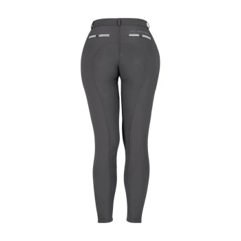 Rückansicht von enganliegenden schwarzen Reitleggings mit einem strukturierten Sitz, zwei Gesäßtaschen und reflektierenden Streifen.