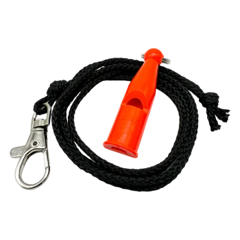 Orangefarbene ACME-Pfeife an einem schwarzen geflochtenen Schlüsselband mit silbernem Metallclip.