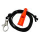 Orangefarbene ACME-Pfeife an einem schwarzen geflochtenen Schlüsselband mit silbernem Metallclip.