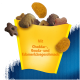 Haustierleckerlis in einer gelben Tüte mit dem Text "Mit Cheddar-, Gouda- und Edamerkäsegeschmack," mit verschiedenen Keksformen.