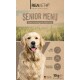 Hundefutterverpackung für "REAVET Senior Menu", die Geflügel, Gemüse und Eignung für ältere Hunde hervorhebt. 10 kg, hergestellt in Deutschland.