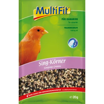 MultiFit Singing Grains for canaries, training aid, no added preservatives, 20g pack with image of orange canary and seeds.