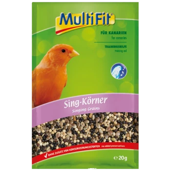 MultiFit Singing Grains for canaries, training aid, no added preservatives, 20g pack with image of orange canary and seeds.