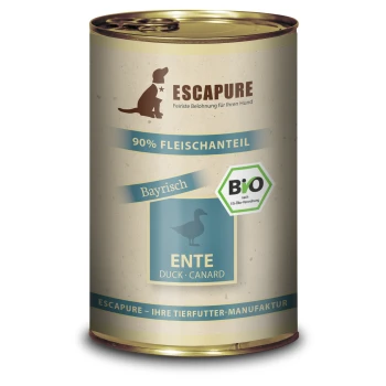 Dose ESCAPURE Hundefutter mit einem beigen Etikett, das "90% Fleischanteil," "Bayrisch," und "Ente" mit einem grünen Bio-Logo zeigt.