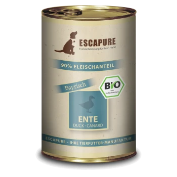 Dose ESCAPURE Hundefutter mit einem beigen Etikett, das "90% Fleischanteil," "Bayrisch," und "Ente" mit einem grünen Bio-Logo zeigt.