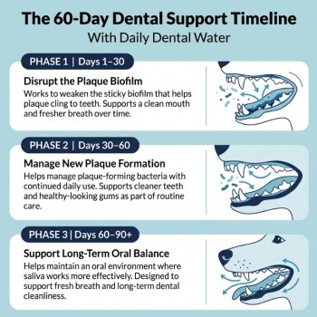 60-Day Dental Support Timeline: Disrupt plaque biofilm; Manage new plaque; Support long-term oral balance. Dog mouth.