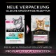 Bild von zwei Purina Pro Plan Katzenfutterpackungen: graue Katze links, orange Katze rechts. Der Text lautet "Neue Verpackung, Gleiche Rezeptur."