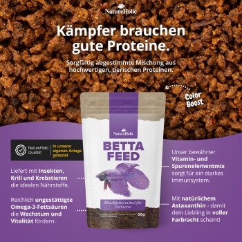 NatureHolic Betta-Futterbeutel mit lila Fisch über braunen Pellets; Text 'Kämpfer brauchen gute Proteine.'