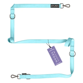 Hundeleine Führleine S Eine hellblaue Haustierleine mit Metallclips und Ringen, mit einem Etikett, das "PETA APPROVED VEGAN" liest.