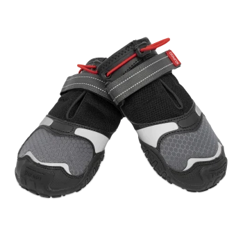 Hundeschuhe in Schwarz und Grau mit einem Wabenmuster, ausgestattet mit verstellbaren Riemen für einen sicheren Sitz.