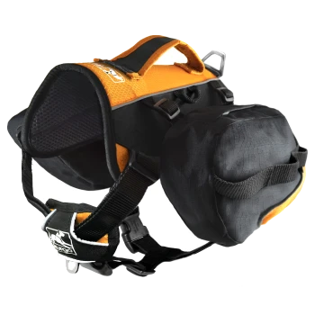 Ein schwarzes und oranges Hundegeschirr mit gepolstertem Design, das einen Griff oben und eine Seitentasche zur Aufbewahrung hat.