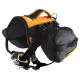 Ein schwarzes und oranges Hundegeschirr mit gepolstertem Design, das einen Griff oben und eine Seitentasche zur Aufbewahrung hat.