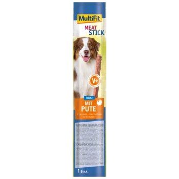 MultiFit Fleischstangen für Hunde, mit einem glücklichen Hund auf der Verpackung, der Text hebt "Erwachsene" und "mit Truthahn" hervor.